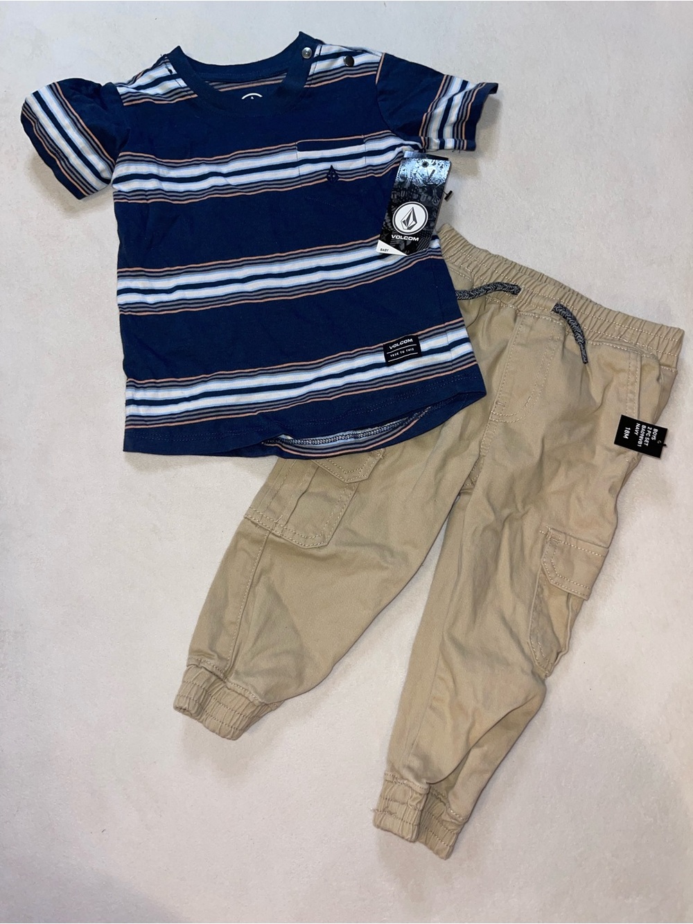Volcom Navy, White & Light Blue Striped Tee with Khaki Joggers